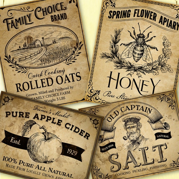 Vintage Kitchen Label  primitive farmhouse printable jar label pantry kitchen canning label, salt honey oats apple cider craft label
