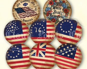 étiquettes vintage du 4 juillet, décoration imprimable du jour de l'indépendance, drapeaux de la guerre d'Indépendance, drapeaux de l'histoire des États-Unis, étiquettes rondes de 3 et 2 pouces, téléchargement numérique