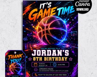 Neon Basketball Invitation, Glow Sport Theme Party, Rave Slam Dunk, Kid's Invite, Editable Canva Template (Digital Download)