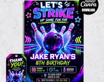 Neon Bowling Birthday Invitation, Glow Party Invite, Editable Canva Template (Digital Download)