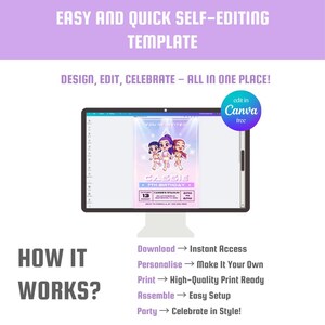 May include: A digital template displayed on a computer screen, featuring a birthday party invitation with cartoon characters. The text reads "EASY AND QUICK SELF-EDITING TEMPLATE" and "DESIGN, EDIT, CELEBRATE - ALL IN ONE PLACE!" The invitation says "CASSIE 7TH BIRTHDAY".