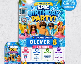 Roblox Epic Pool Party Birthday Invitation, Editable Canva Template (Digital Download)