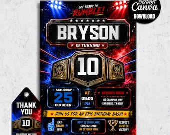 Wrestling Championship Birthday Invitation, Editable Canva Template (Digital Download)