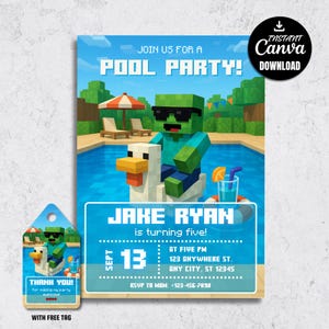 May include: A pool party invitation with a pixelated zombie character wearing sunglasses, riding a duck float in a pool. The invitation includes the text "POOL PARTY!" and details for Jake Ryan's fifth birthday, with a matching thank you tag.