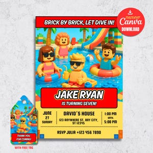 Building Blocks Pool Party Invitation: Editable Bricks Birthday | Editable Canva Template | 5x7 Digital Download