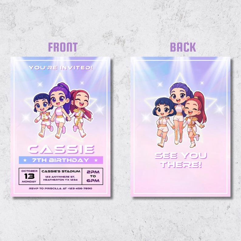 Kpop Chibi Idol Birthday Invitation, 5x7 Editable Canva Template (Digital Download) image 2