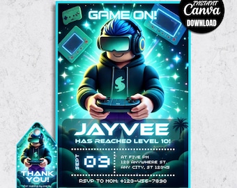 Gamer Birthday Invitation, Neon Arcade Party Invite, Level 10 (Digital Download)