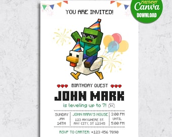 Editable Chicken Jockey Birthday Invitation, Pixel Gamer Party Quest (Digital Download)