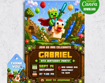 Royal Chicken Rider Party Invitation, Gamer Adventure Party Invite (Digital Download)