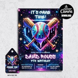 Baseball Ice Cream Drip Birthday Invitation, Neon Sports Party Invite (Digital Download)