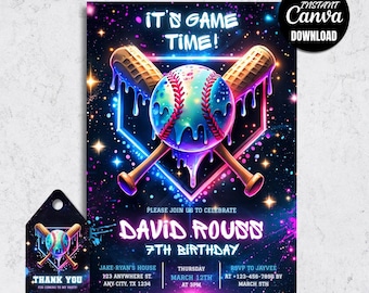 Baseball Ice Cream Drip Birthday Invitation, Neon Sports Party Invite (Digital Download)