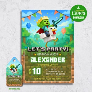 Puede incluir: Un conjunto digital de invitación y etiqueta de agradecimiento con un diseño pixelado. La invitación dice "Let's Party!" e incluye el nombre "Alexander" y los detalles de la fiesta. La etiqueta de agradecimiento presenta un personaje montado en un pollo.