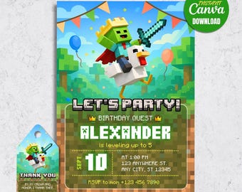 Royal Chicken Zombie Birthday Invitation, Gamer Adventure Party Invite, Editable Canva (5x7 Digital Download)