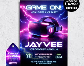 VR Gamer Birthday Invitation, Neon Video Game Party Template (Digital Download)