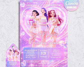 Kpop Birthday Invitation, Huntrix Golden Squad Party Invite, Editable Canva Template (Digital Download)
