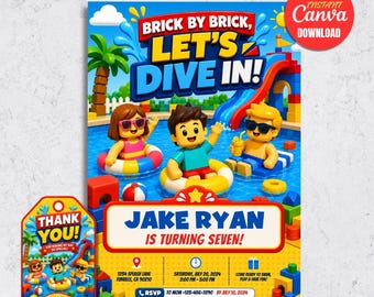 Playtime Pool Party Invitation, Bricks Invite, Building Blocks Evite, Kid's Rave Party (Digital Download)