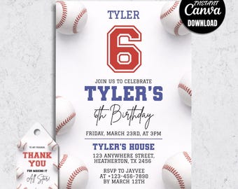 Baseball Birthday Invitation, Modern Sports Party Invite, Editable Canva (Digital Download)