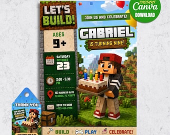 Pixel Block Birthday Invitation, Gamer Party Invite, Editable Canva Template (Digital Download)