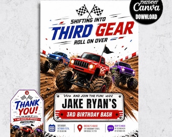 Monster Truck Birthday Invitation, Shifting Into Third Gear Party Invite (Digital Download)