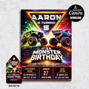Monster Truck Birthday Invitation, Smash Crash Party Invite, Epic Truck Bash (5x7 Digital Download)