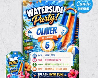 Waterslide Pool Party Invitation, Splish Splash Rave Invite, Summer Party (Digital Download)