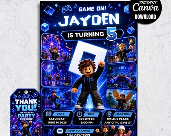 Roblox Boy Birthday Invitation, Blocky Game Party Invite, Kid's Rave Party (Digital Download)