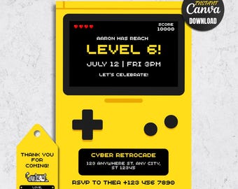 Retro Arcade Gamer Birthday Invitation, Pixel Level 6 Party (Digital Download)