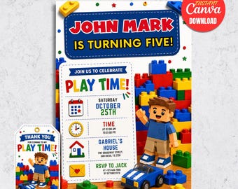 Toy Block Birthday Invitation, Construction Playtime Party Invite (Digital Download)