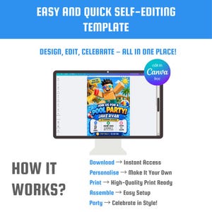 May include: A digital self-editing template displayed on a computer monitor, featuring a pool party invitation design with a block-style character, text reading JOIN US FOR A POOL PARTY JAKE RYAN IS TURNING SEVEN, and a circular edit in Canva free badge.