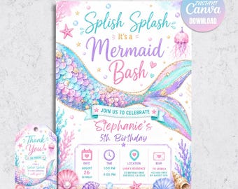 Mermaid Birthday Invitation, Mermaid Bash Under the Sea Party Invite Template (Digital Download)
