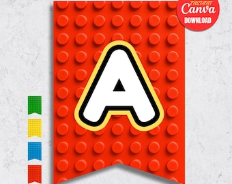 Building Blocks Birthday Banner Template, Blocks Party Decor with A–Z Letters, 4 Colors Editable Canva Banner, Digital Download