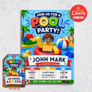Summer Pool Party Invitation, Kids Birthday Invite, Editable Canva Template (Digital Download)