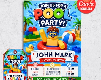 Summer Pool Party Invitation, Kids Birthday Invite, Editable Canva Template (Digital Download)