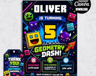 Geometry Dash Birthday Invitation, Shape Gaming, Math Party, Kids Birthday Invite, (Digital Download)