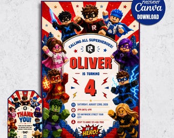 Roblox Superhero Birthday Invitation, Editable Comic Party, Canva Template (Instant Download)