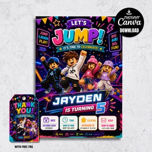 May include: A birthday party invitation featuring four block-style characters jumping in a neon-lit arcade setting. The text reads Let's Jump, It's Time To Celebrate, Jayden Is Turning 5, and includes sections for date, time, location, and RSVP details.