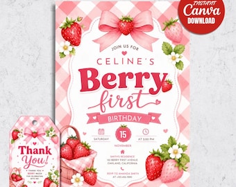 Editable Strawberry First Birthday Invitation Template (Digital Download)