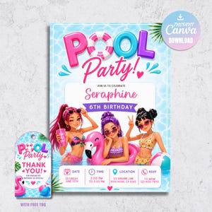 Könnte beinhalten: Eine digitale Einladungsvorlage für eine Poolparty mit drei illustrierten Figuren in einem Schwimmbecken. Der Text lautet Pool Party, Seraphine 6th Birthday, mit Platzhaltern für Datum, Uhrzeit, Ort und RSVP. Enthält ein passendes Dankeschön-Etikett.