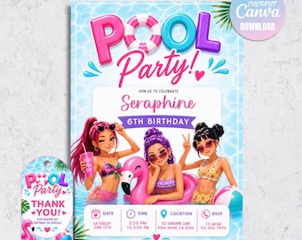Kpop Pool Party Girls Invitation, Summer Birthday Invite, Tropical Splash Vibes (Digital Download)