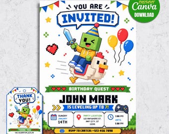 Pixel Block Chicken Rider Invitation, Gaming Birthday Quest Party (Digital Download)