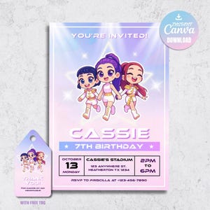 May include: A birthday party invitation with a cartoon illustration of three girls. The invitation is light purple and pink with the text "You're Invited!" and "Cassie 7th Birthday". A matching tag reads "Thank You!"
