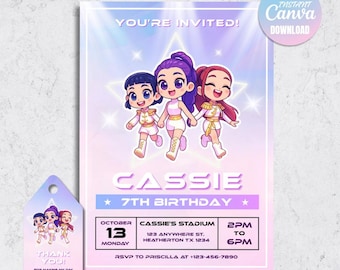 Kpop Chibi Idol Birthday Invitation, 5x7 Editable Canva Template (Digital Download)