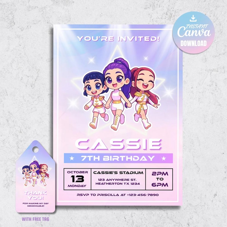 May include: A birthday party invitation with a cartoon illustration of three girls. The invitation is light purple and pink with the text "You're Invited!" and "Cassie 7th Birthday". A matching tag reads "Thank You!"