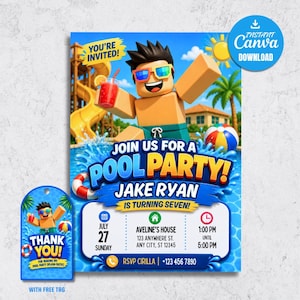 May include: A digital pool party invitation and thank you tag featuring a block-style character wearing sunglasses, holding a red drink, with text reading JOIN US FOR A POOL PARTY! JAKE RYAN IS TURNING SEVEN! JULY 27, AVELINE'S HOUSE, 1:00 PM TO 5:00 PM.