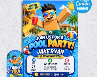 Roblox Summer Pool Party Invitation, Editable Kids Birthday Invite (Digital Download)