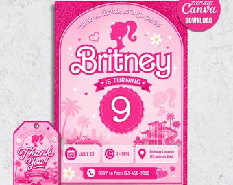 Editable Fashion Doll Birthday Invitation, Pink Glitter Party, Bestie Invite, Canva Template (Digital Download)