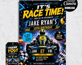 Go Kart Racing Birthday Invitation, Editable Canva Template (5x7 Download)