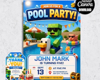 Summer Pool Party Invitation, Splash Party, Gamer Birthday Invite (5x7 Canva Download)
