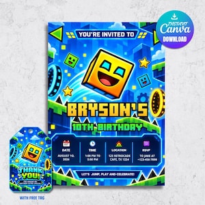 May include: A digital birthday invitation and matching thank you tag featuring a vibrant blue and yellow geometric theme. The invitation displays the text "YOU'RE INVITED TO", "BRYSON'S 10TH BIRTHDAY", and event details for August 10, 2026, at 1:00 PM.