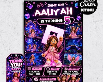Roblox Girl Birthday Invitation, Blocky Game Party Invite, Kid's Rave Party (Digital Download)